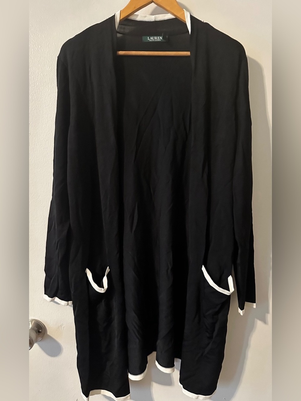 Lauren Ralph Lauren Womens X-Large Cardigan Black White Open Front Longline 1X